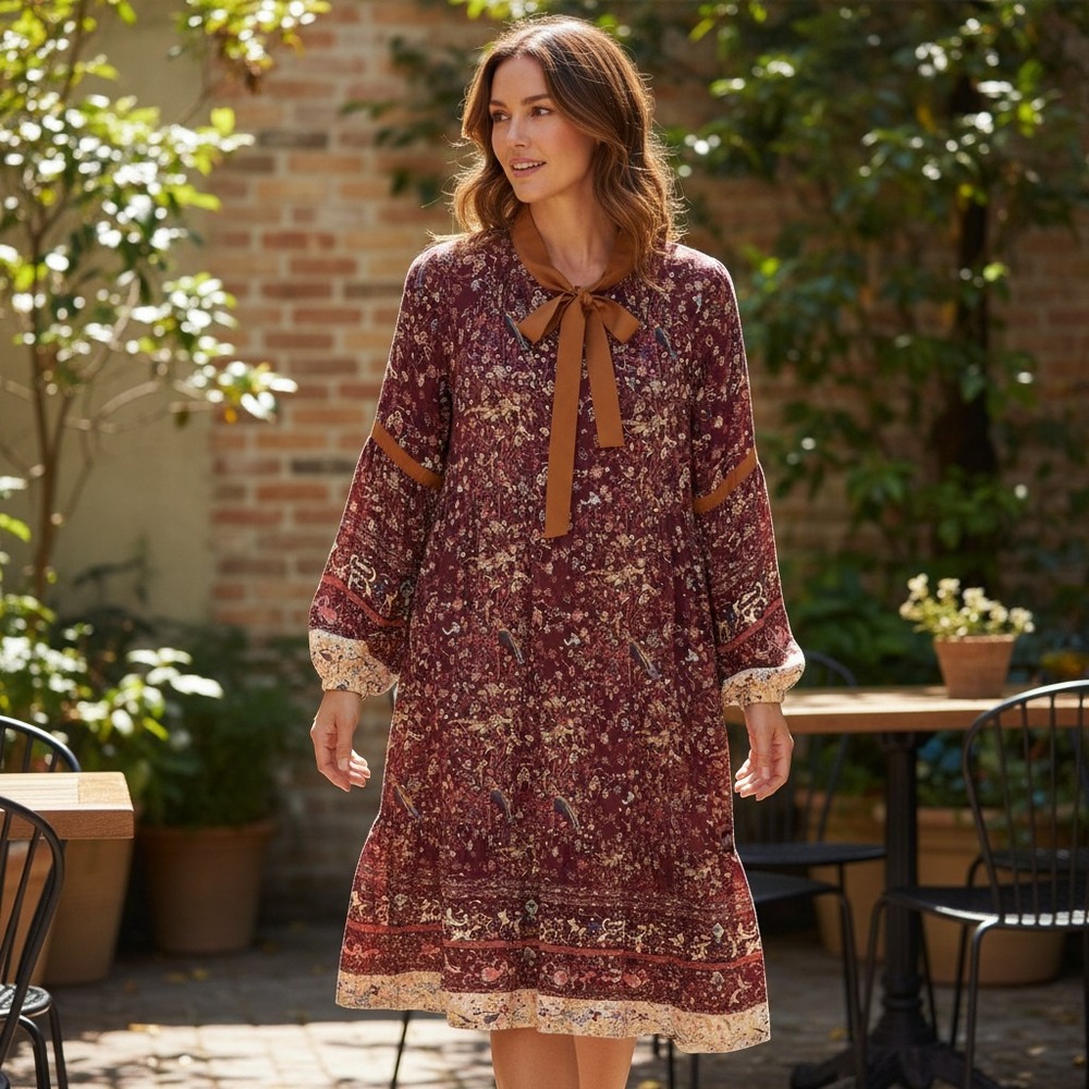 Ulla Johnson Fall 2016 100% Silk Midi Dress Burgundy Floral Paisley Size 8